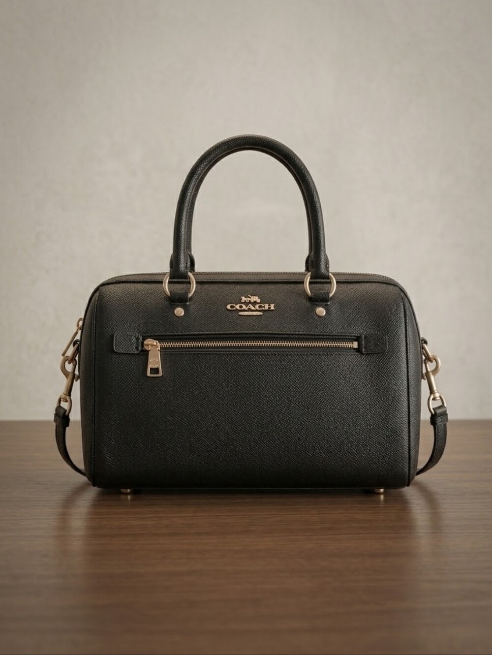 Coach Rowen Black Leather Dome Satchel with Gold Hardware